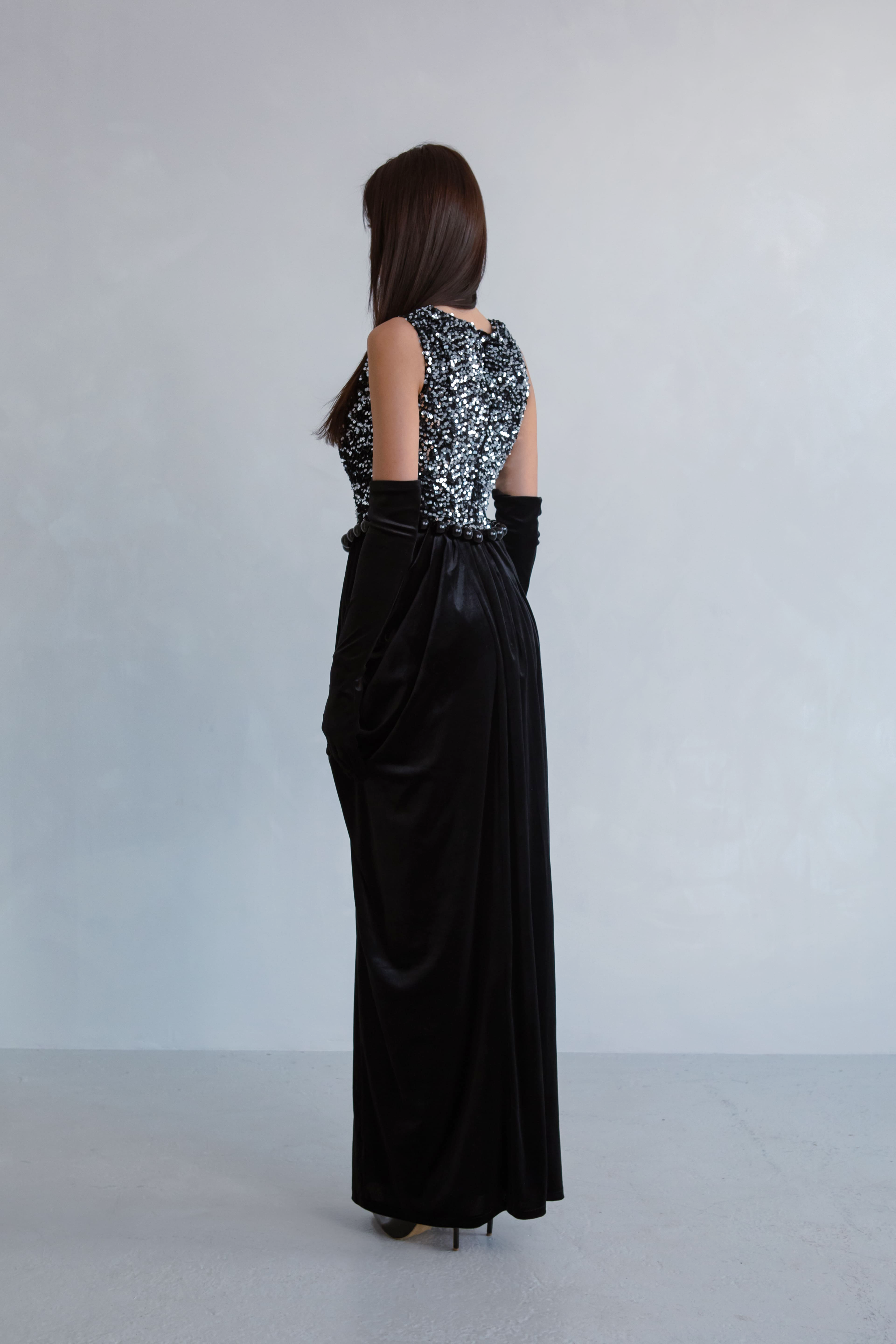Black Pearl Sequin Velvet Dress