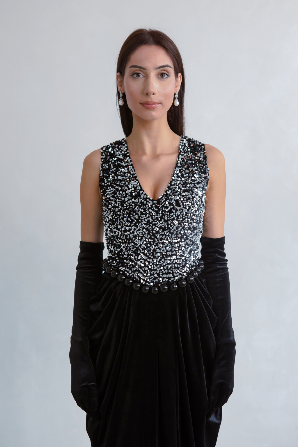 Black Pearl Sequin Velvet Dress
