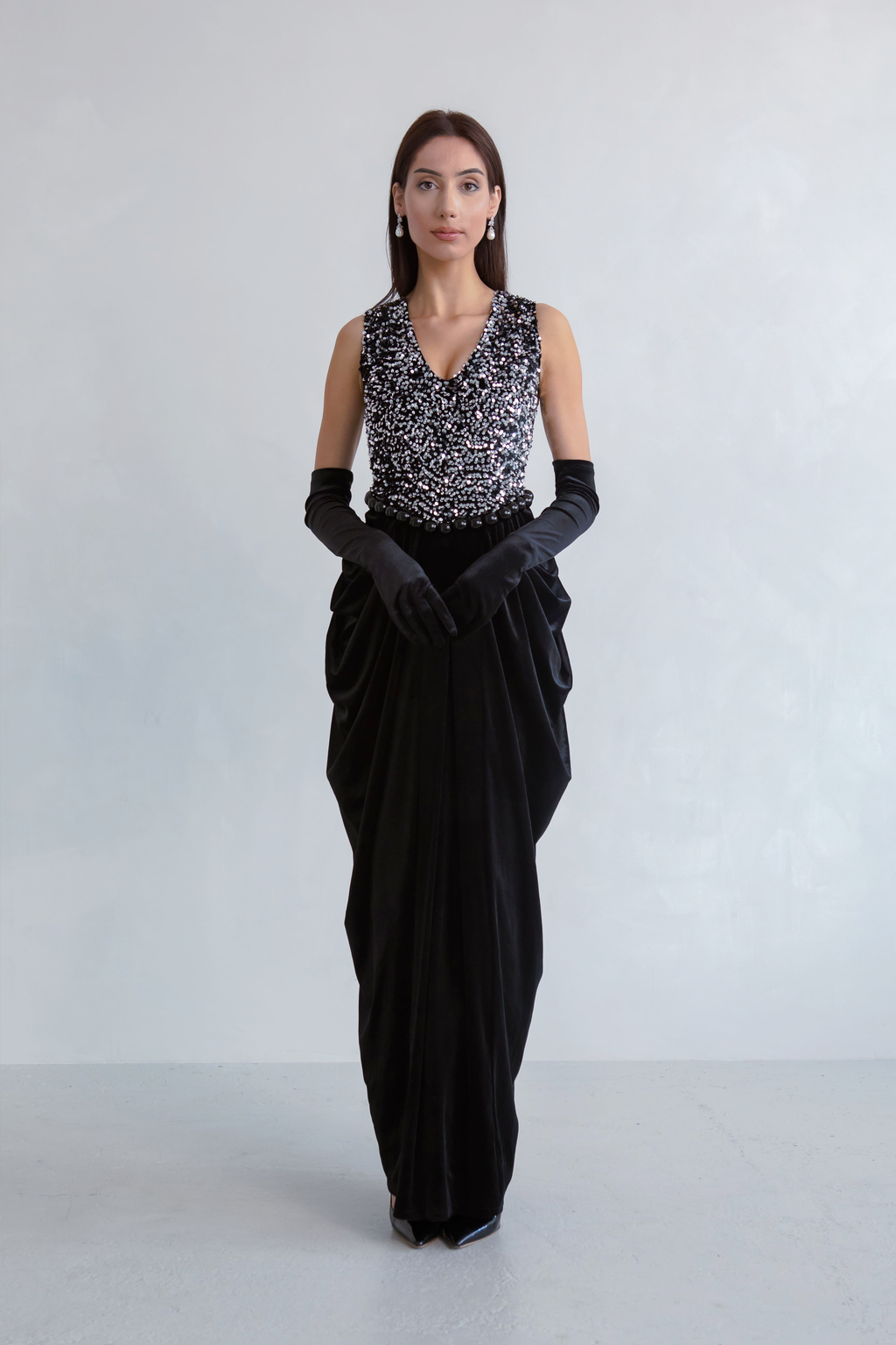 Black Pearl Sequin Velvet Dress