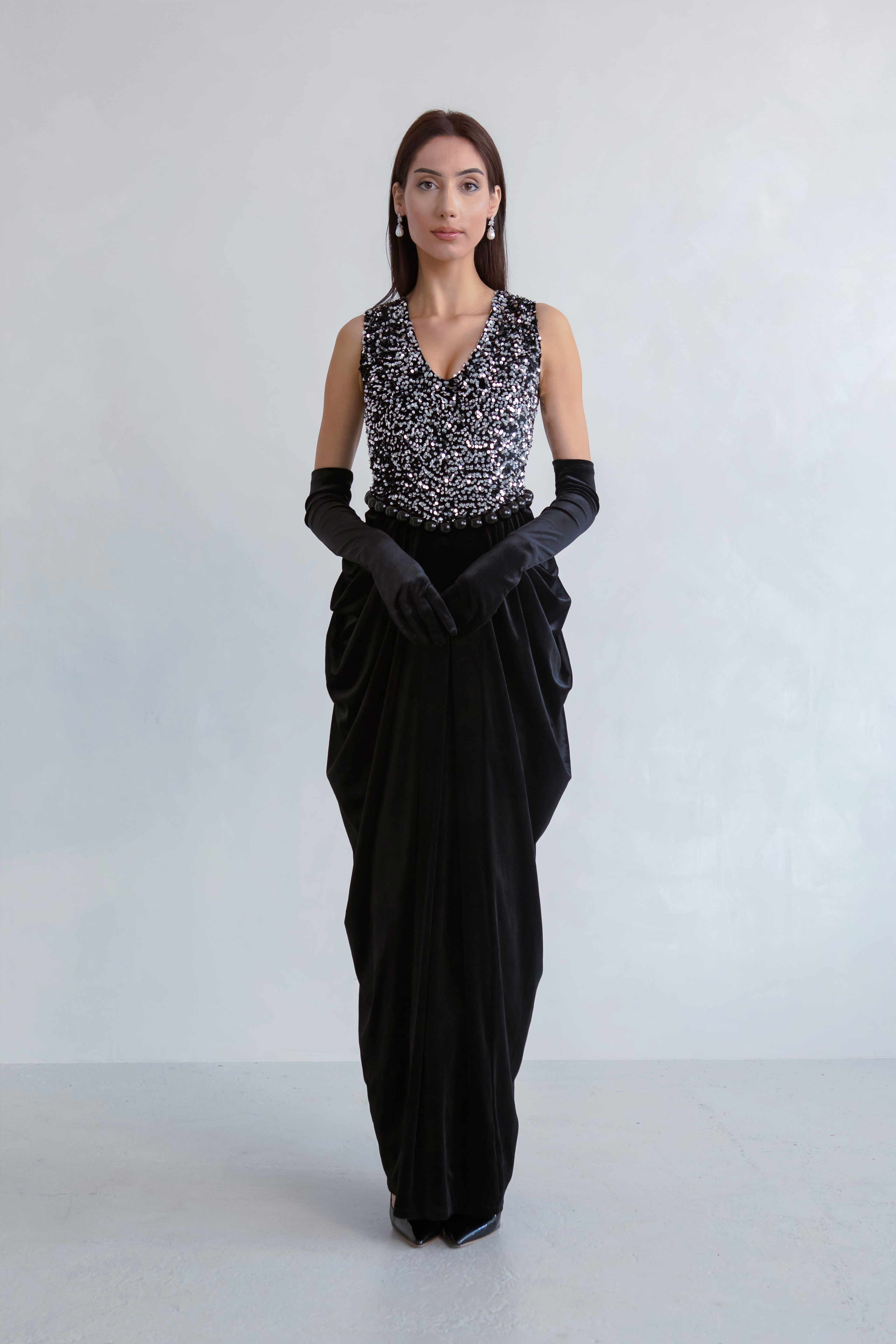 Black Pearl Sequin Velvet Dress