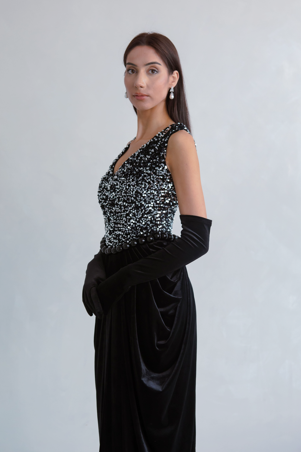 Black Pearl Sequin Velvet Dress